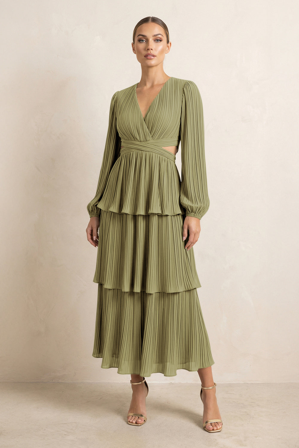 V-Neck Tiered A-Line Chiffon Midi Bridesmaid Dress in Moss Green