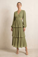 V-Neck Tiered A-Line Chiffon Midi Bridesmaid Dress in Moss Green | KISSBRIDAL