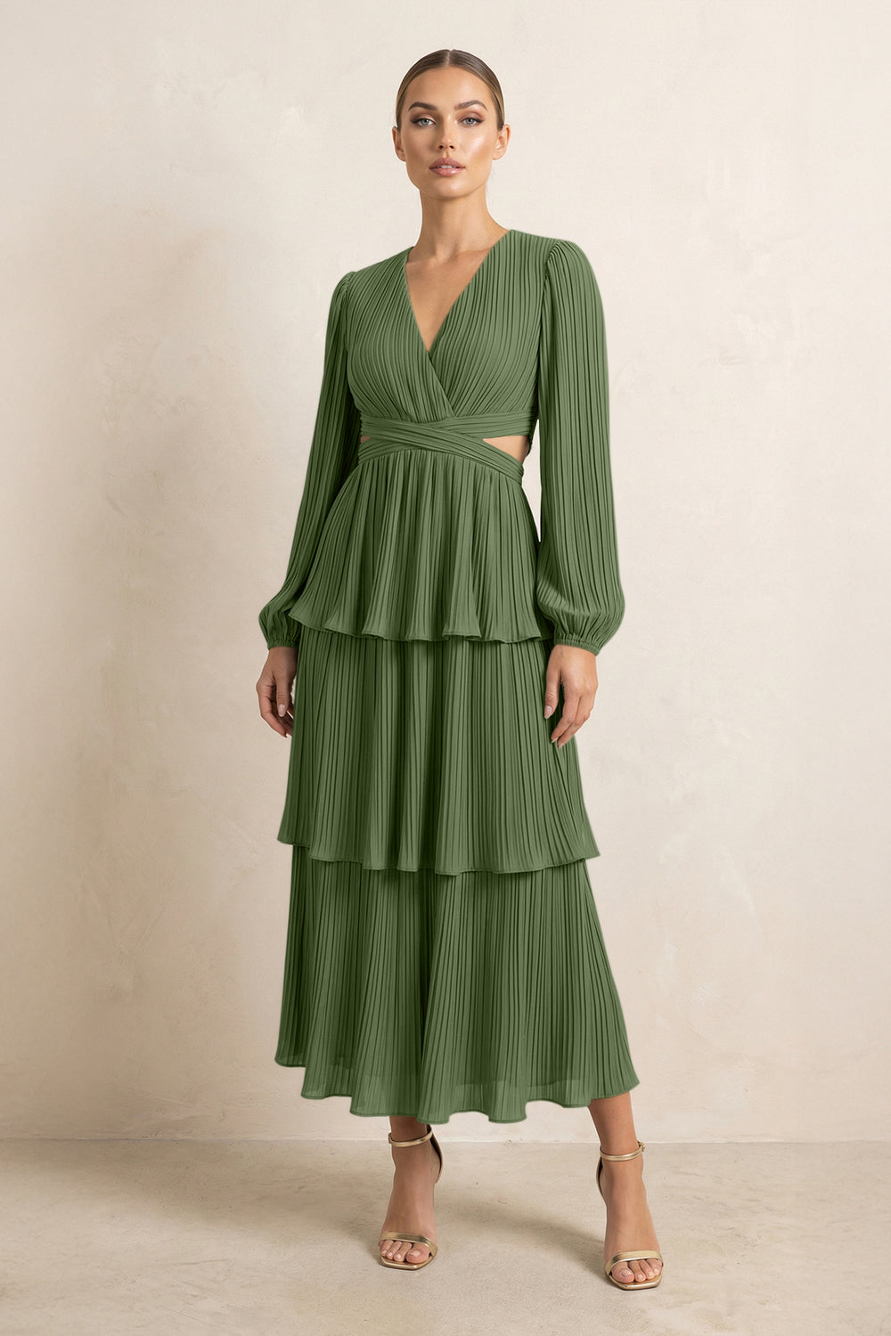 V-Neck Tiered A-Line Chiffon Midi Bridesmaid Dress in Moss