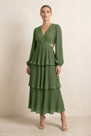 V-Neck Tiered A-Line Chiffon Midi Bridesmaid Dress in Moss | KISSBRIDAL