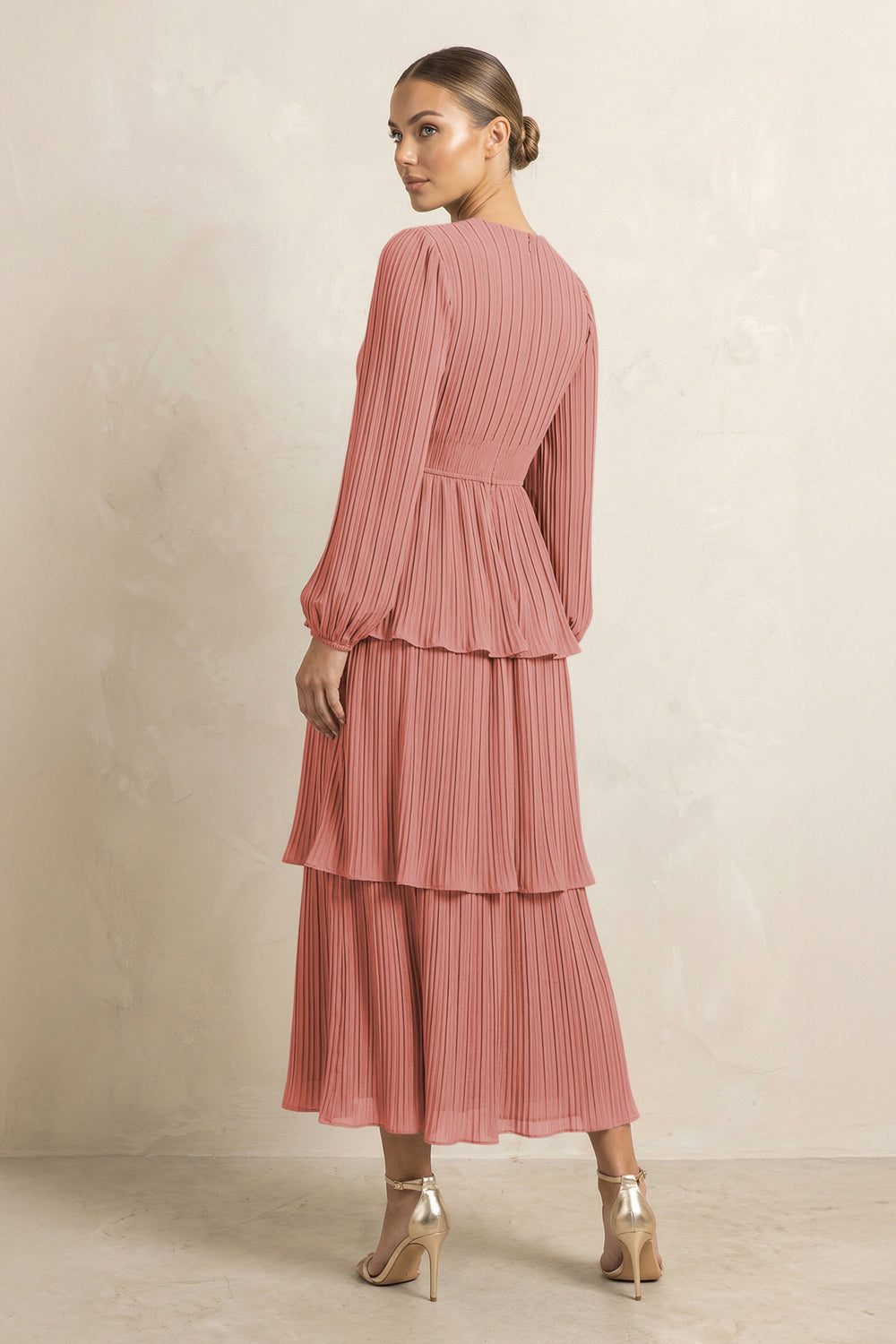 V-Neck Tiered A-Line Chiffon Midi Bridesmaid Dress in Mulberry