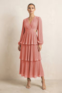 V - Neck Tiered A - Line Chiffon Midi Bridesmaid Dress in Mulberry - SHE IS ME Bridesmaid Dresses