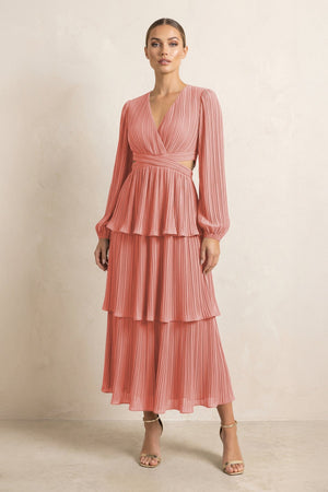 V - Neck Tiered A - Line Chiffon Midi Bridesmaid Dress in Mulberry - SHE IS ME Bridesmaid Dresses