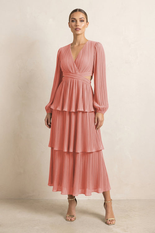 V - Neck Tiered A - Line Chiffon Midi Bridesmaid Dress in Mulberry - SHE IS ME Bridesmaid Dresses
