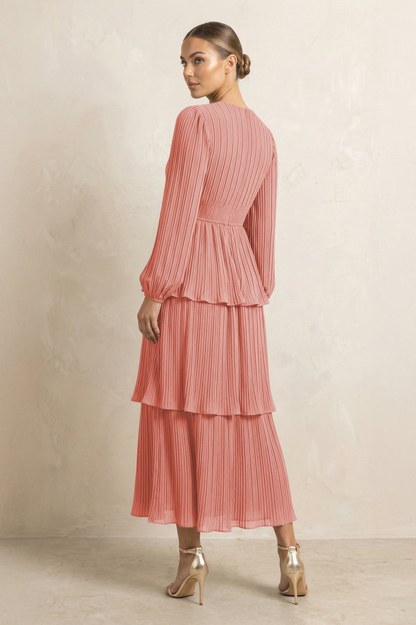 V - Neck Tiered A - Line Chiffon Midi Bridesmaid Dress in Mulberry - SHE IS ME Bridesmaid Dresses