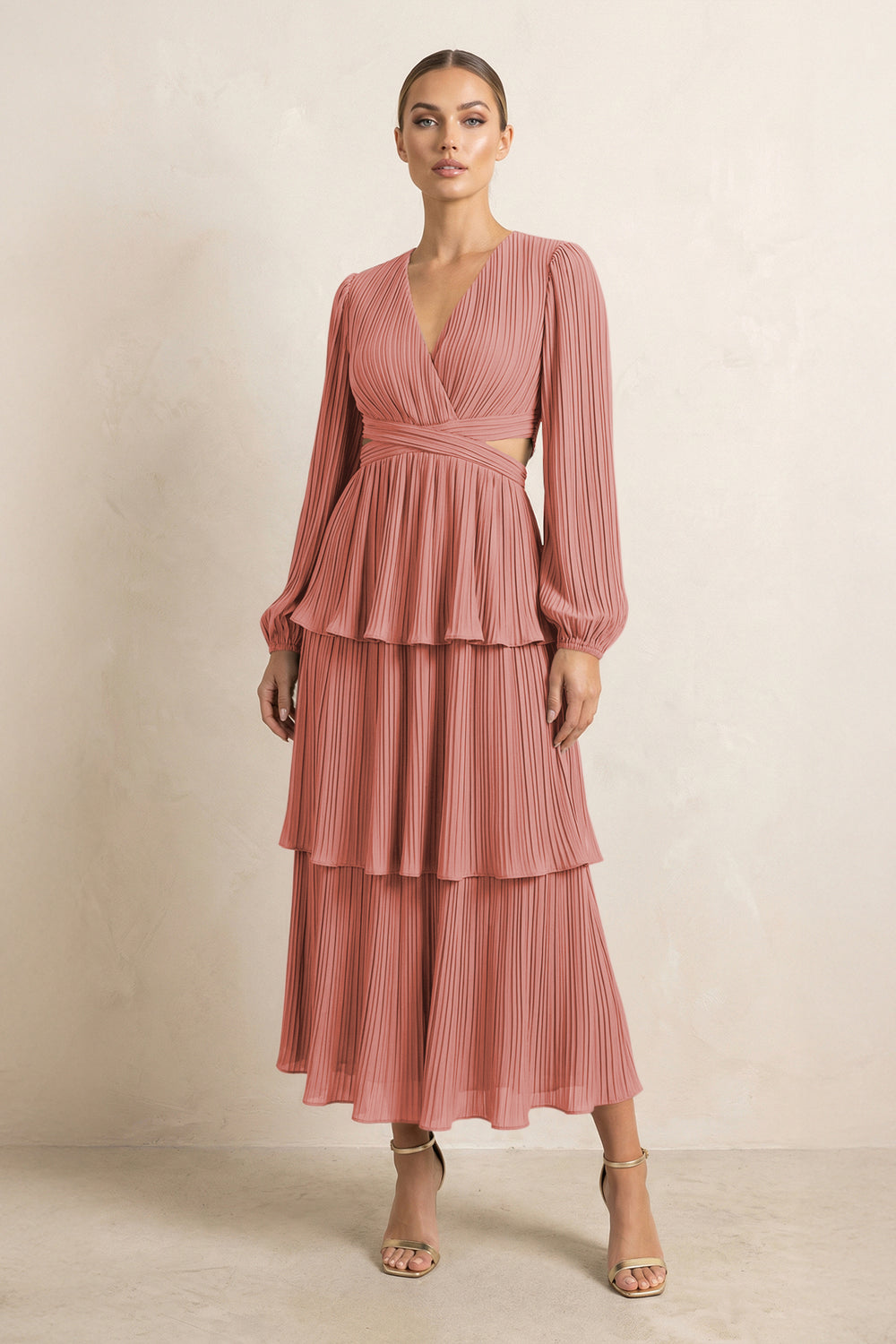 V-Neck Tiered A-Line Chiffon Midi Bridesmaid Dress in Mulberry