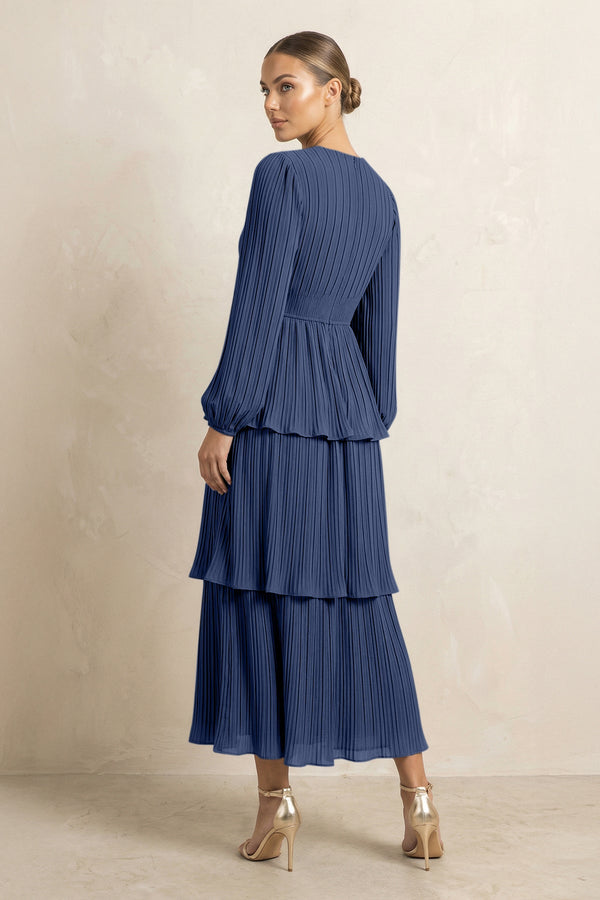 V - Neck Tiered A - Line Chiffon Midi Bridesmaid Dress in Navy - SHE IS ME Bridesmaid Dresses