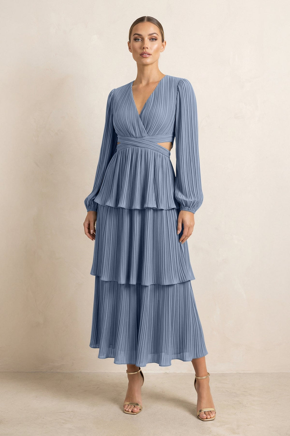 V - Neck Tiered A - Line Chiffon Midi Bridesmaid Dress in Neptune - KISS BRIDAL Bridesmaid Dresses