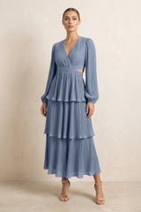 V - Neck Tiered A - Line Chiffon Midi Bridesmaid Dress in Neptune - KISS BRIDAL Bridesmaid Dresses