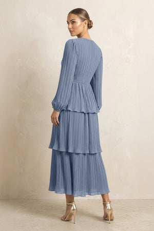 V - Neck Tiered A - Line Chiffon Midi Bridesmaid Dress in Neptune - SHE IS ME Bridesmaid Dresses
