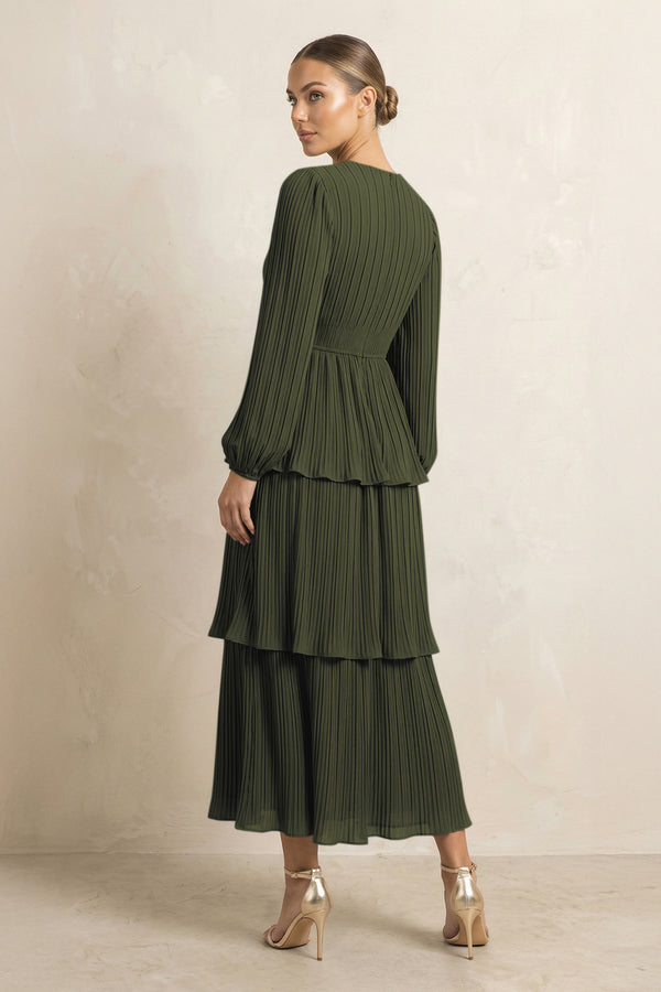 V-Neck Tiered A-Line Chiffon Midi Bridesmaid Dress in Olive (2) | KISSBRIDAL