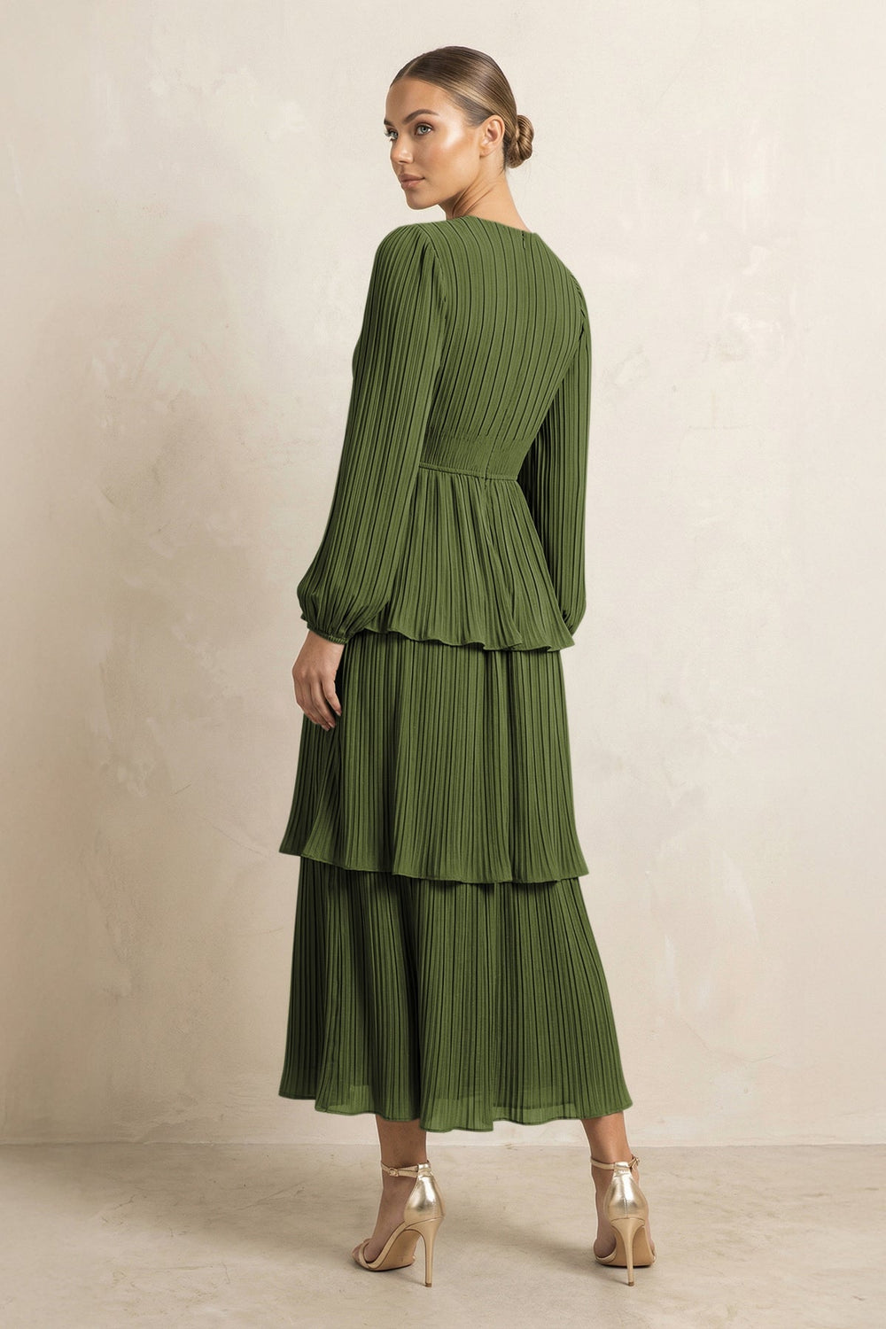 V - Neck Tiered A - Line Chiffon Midi Bridesmaid Dress in Olive - KISS BRIDAL Bridesmaid Dresses