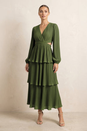V - Neck Tiered A - Line Chiffon Midi Bridesmaid Dress in Olive - SHE IS ME Bridesmaid Dresses