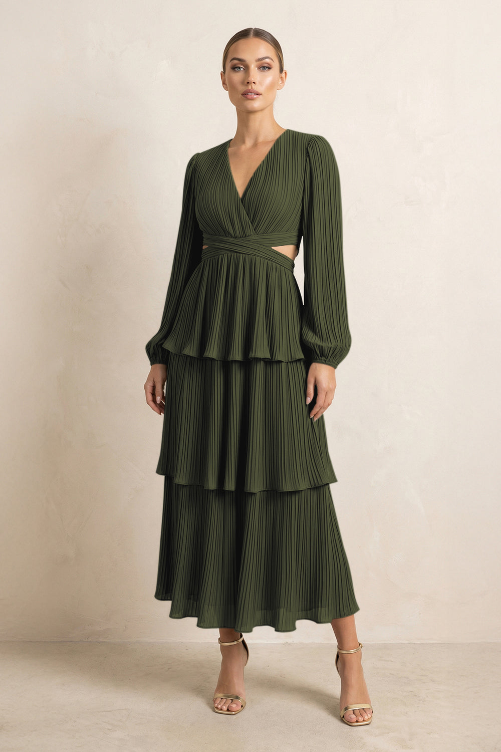 V-Neck Tiered A-Line Chiffon Midi Bridesmaid Dress in Olive