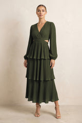 V-Neck Tiered A-Line Chiffon Midi Bridesmaid Dress in Olive | KISSBRIDAL