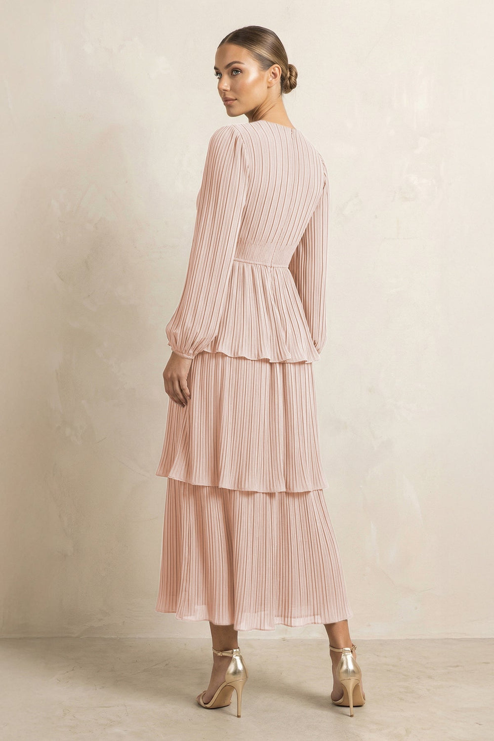 V - Neck Tiered A - Line Chiffon Midi Bridesmaid Dress in Pale Blush - KISS BRIDAL Bridesmaid Dresses