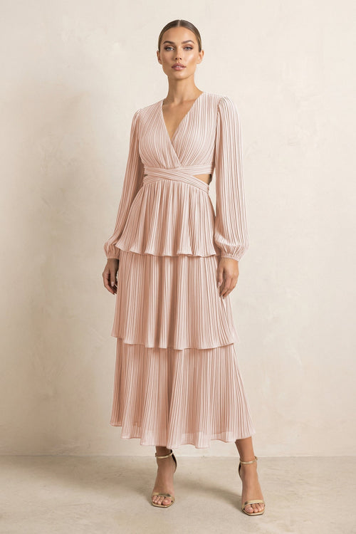 V - Neck Tiered A - Line Chiffon Midi Bridesmaid Dress in Pale Blush - SHE IS ME Bridesmaid Dresses