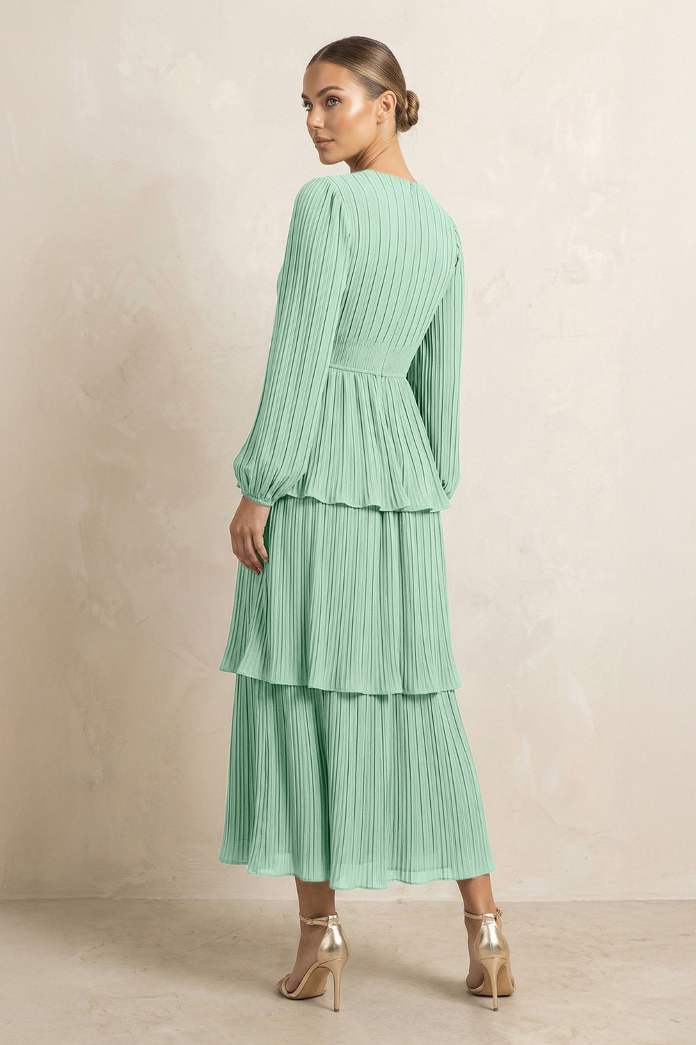 V-Neck Tiered A-Line Chiffon Midi Bridesmaid Dress in Pale Pistachio