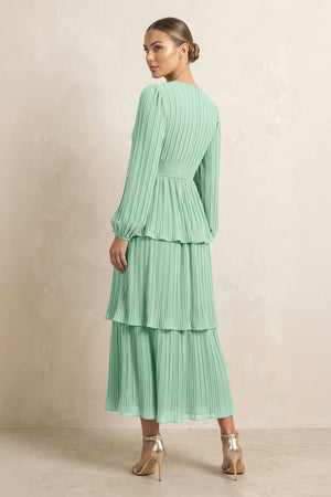 V-Neck Tiered A-Line Chiffon Midi Bridesmaid Dress in Pale Pistachio (2) | KISSBRIDAL