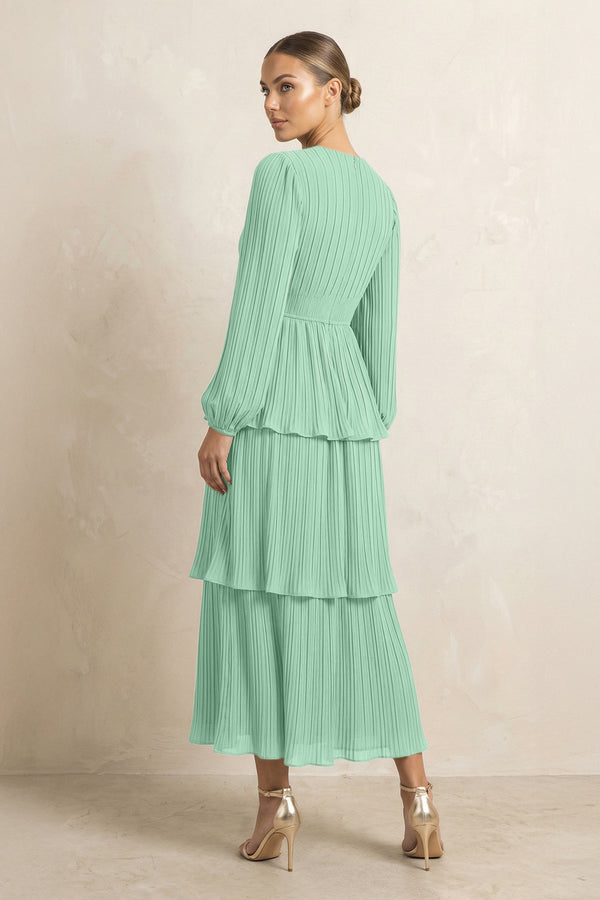 V - Neck Tiered A - Line Chiffon Midi Bridesmaid Dress in Pale Pistachio - SHE IS ME Bridesmaid Dresses