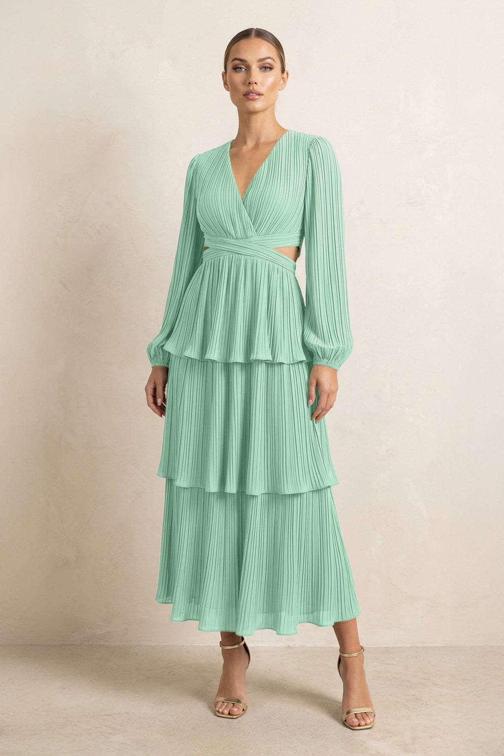 V - Neck Tiered A - Line Chiffon Midi Bridesmaid Dress in Pale Pistachio - KISS BRIDAL Bridesmaid Dresses