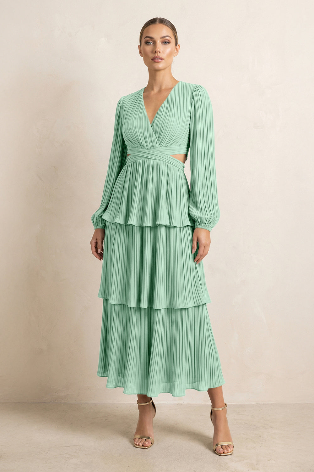 V-Neck Tiered A-Line Chiffon Midi Bridesmaid Dress in Pale Pistachio