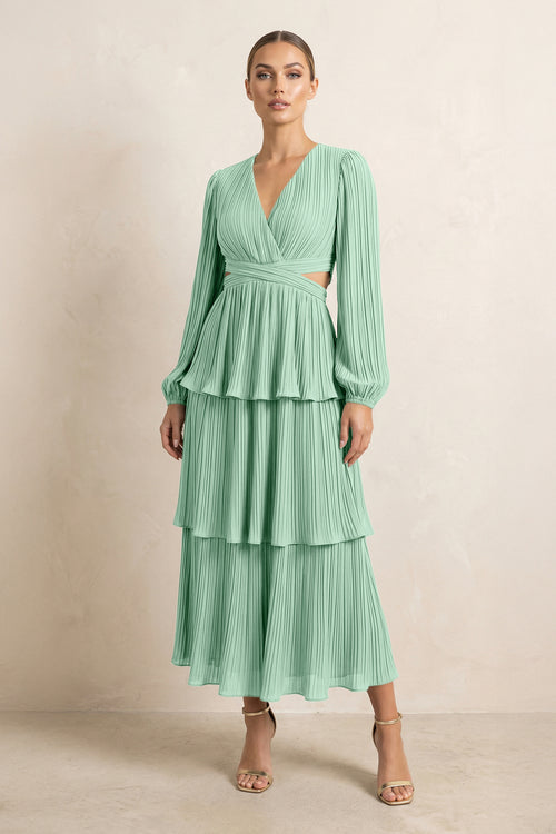 V-Neck Tiered A-Line Chiffon Midi Bridesmaid Dress in Pale Pistachio | KISSBRIDAL