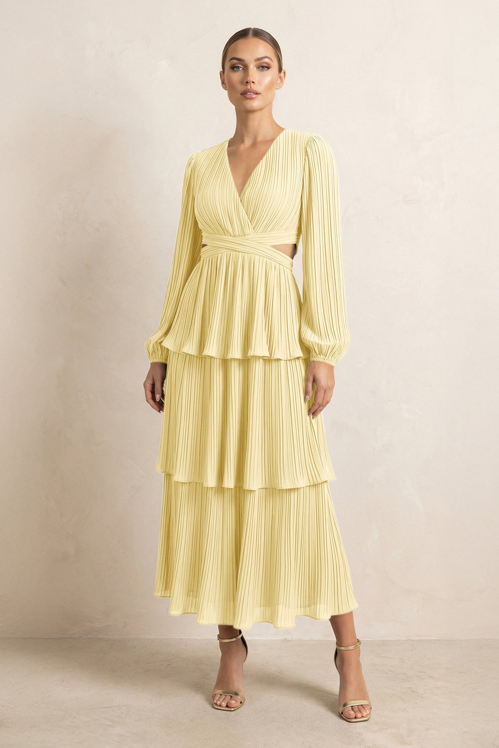 V - Neck Tiered A - Line Chiffon Midi Bridesmaid Dress in Pastel Yellow - KISS BRIDAL Bridesmaid Dresses