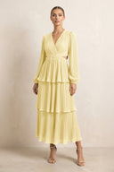 V - Neck Tiered A - Line Chiffon Midi Bridesmaid Dress in Pastel Yellow - SHE IS ME Bridesmaid Dresses