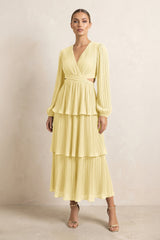 V - Neck Tiered A - Line Chiffon Midi Bridesmaid Dress in Pastel Yellow - KISS BRIDAL Bridesmaid Dresses