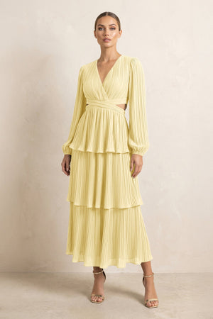 V - Neck Tiered A - Line Chiffon Midi Bridesmaid Dress in Pastel Yellow - SHE IS ME Bridesmaid Dresses