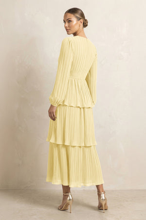 V - Neck Tiered A - Line Chiffon Midi Bridesmaid Dress in Pastel Yellow - SHE IS ME Bridesmaid Dresses