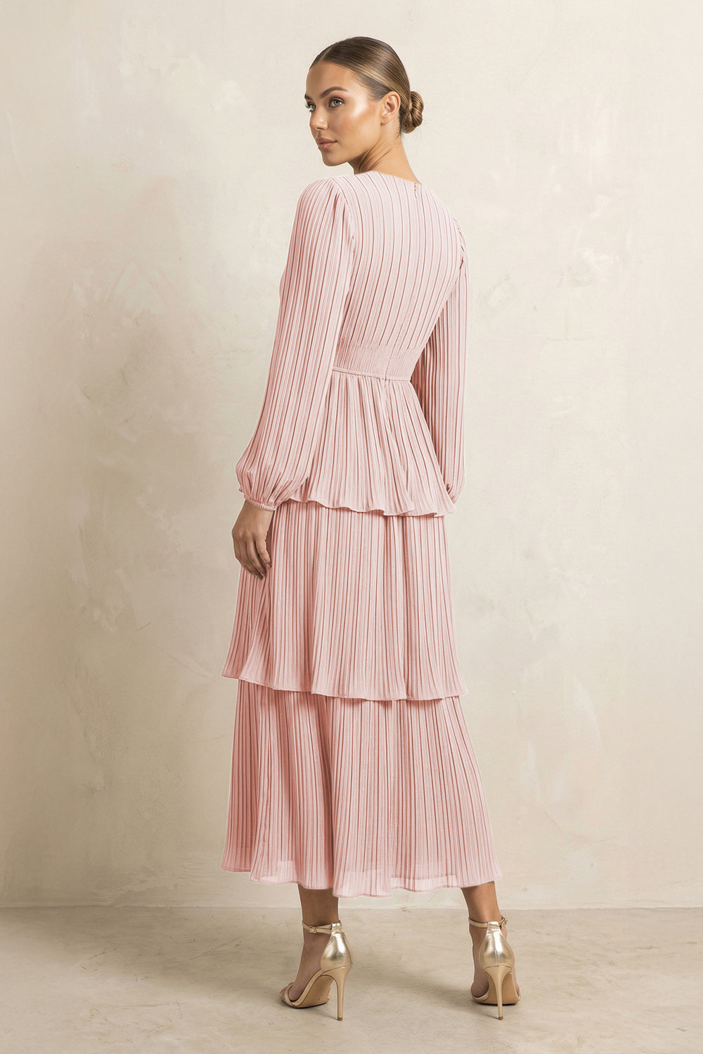 V-Neck Tiered A-Line Chiffon Midi Bridesmaid Dress in Rose Petal
