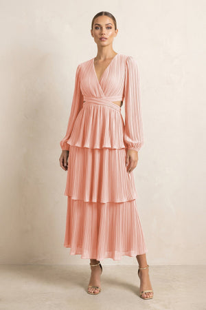 V - Neck Tiered A - Line Chiffon Midi Bridesmaid Dress in Rose Petal - SHE IS ME Bridesmaid Dresses