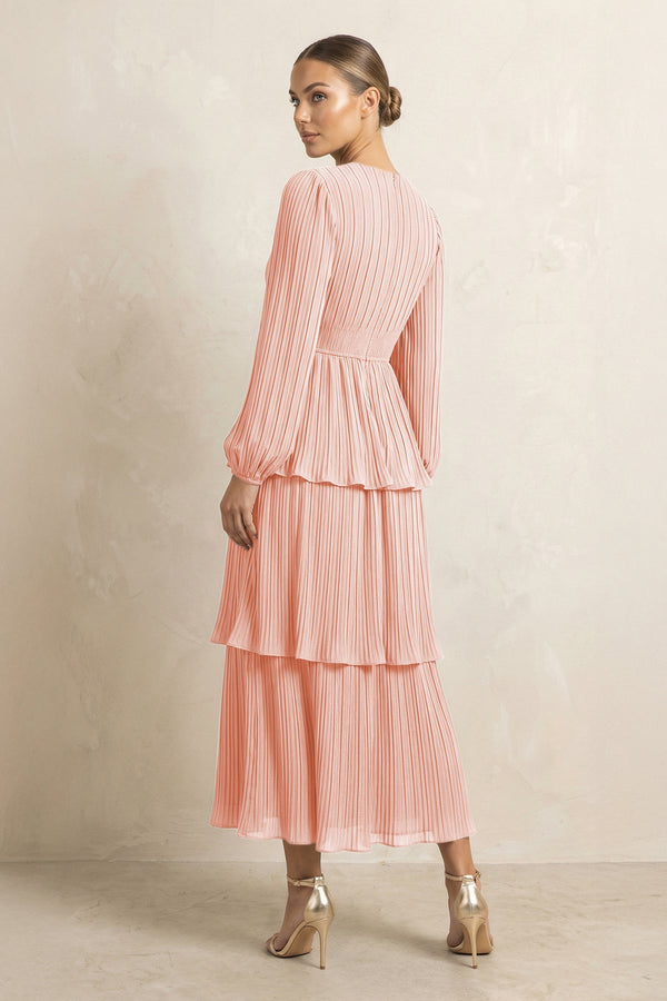 V - Neck Tiered A - Line Chiffon Midi Bridesmaid Dress in Rose Petal - SHE IS ME Bridesmaid Dresses