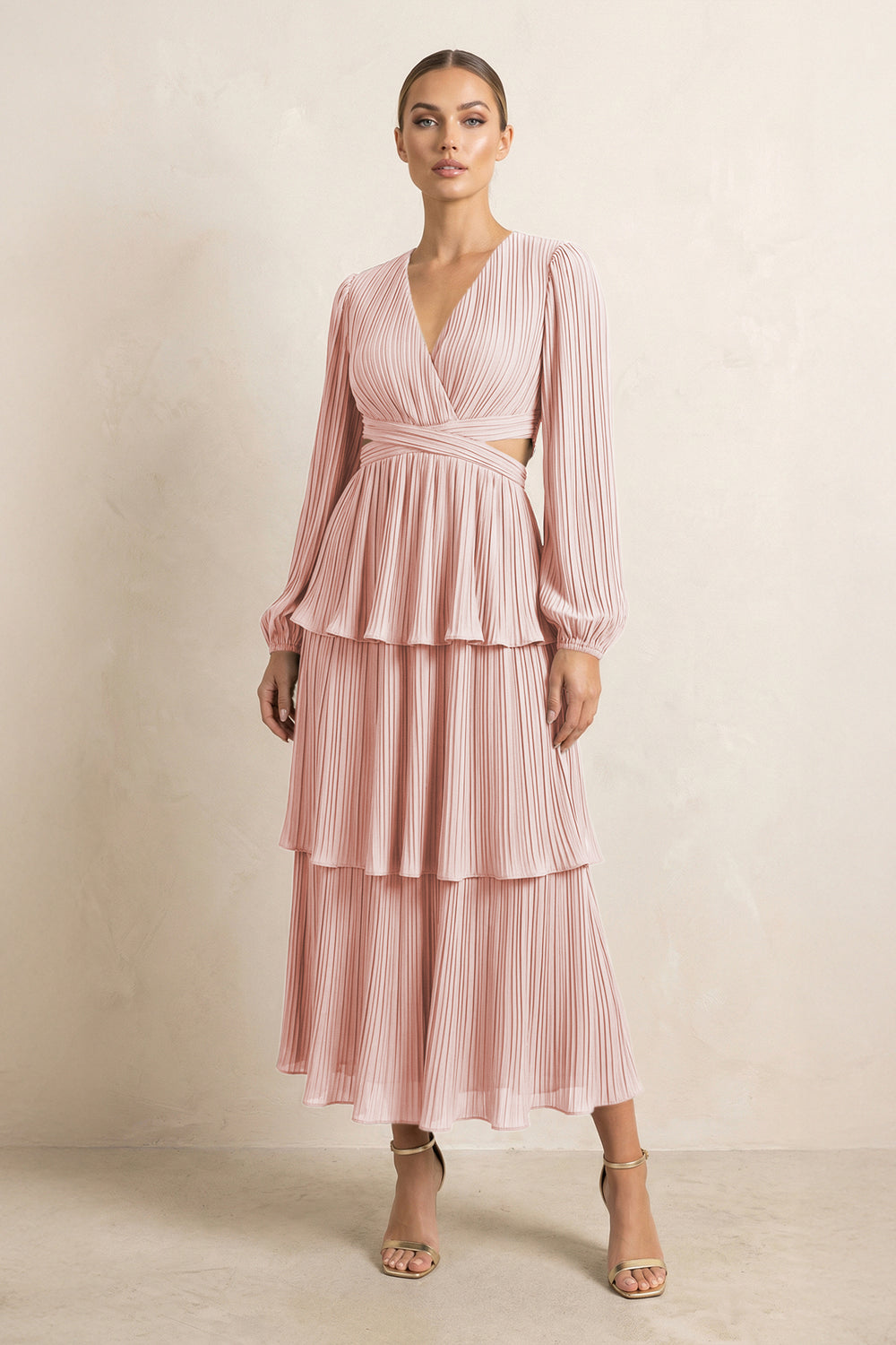 V-Neck Tiered A-Line Chiffon Midi Bridesmaid Dress in Rose Petal