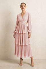 V-Neck Tiered A-Line Chiffon Midi Bridesmaid Dress in Rose Petal | KISSBRIDAL