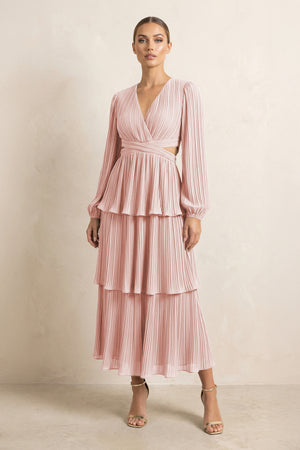 V-Neck Tiered A-Line Chiffon Midi Bridesmaid Dress in Rose Petal | KISSBRIDAL