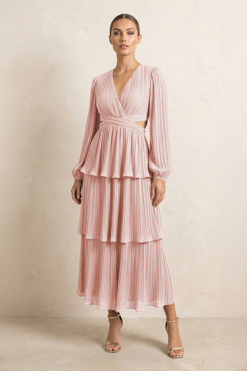 V-Neck Tiered A-Line Chiffon Midi Bridesmaid Dress in Rose Petal | KISSBRIDAL