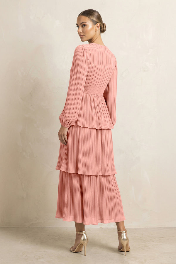 V-Neck Tiered A-Line Chiffon Midi Bridesmaid Dress in Rosette (2) | KISSBRIDAL