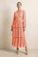 V - Neck Tiered A - Line Chiffon Midi Bridesmaid Dress in Rosette - SHE IS ME Bridesmaid Dresses