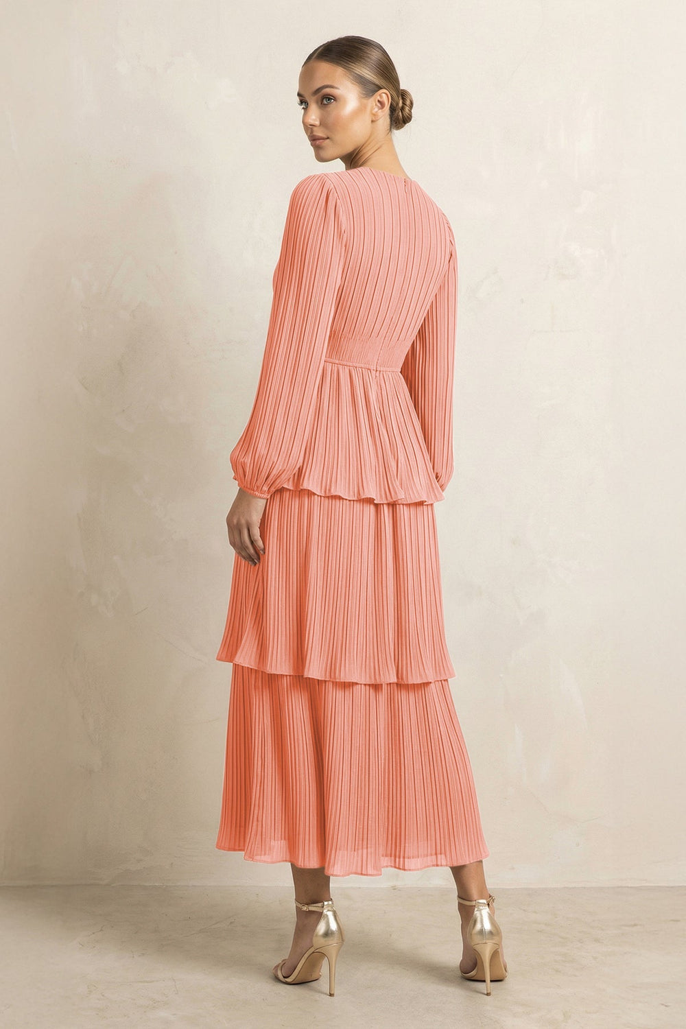 V - Neck Tiered A - Line Chiffon Midi Bridesmaid Dress in Rosette - KISS BRIDAL Bridesmaid Dresses