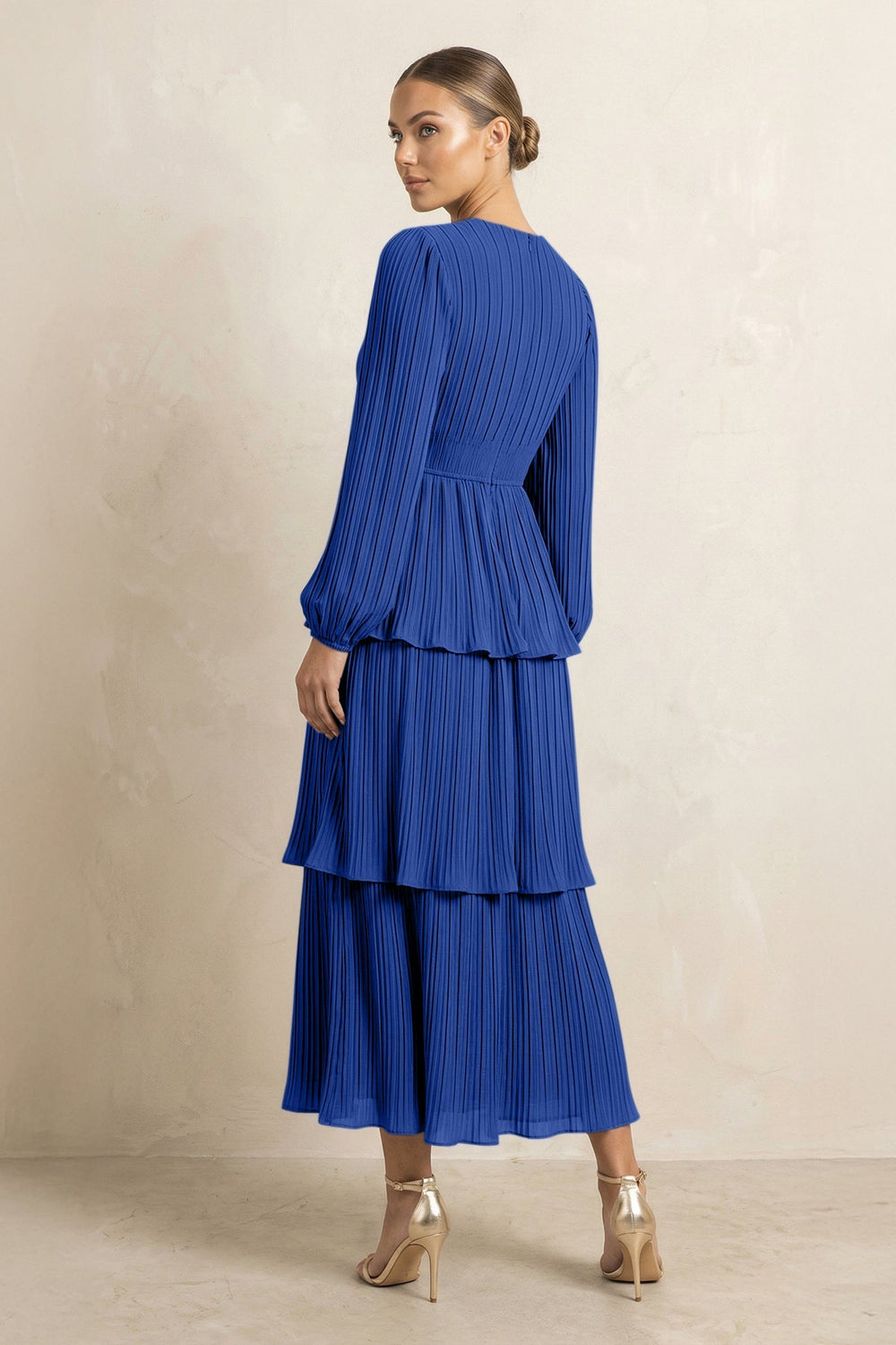 V - Neck Tiered A - Line Chiffon Midi Bridesmaid Dress in Royal Blue - KISS BRIDAL Bridesmaid Dresses