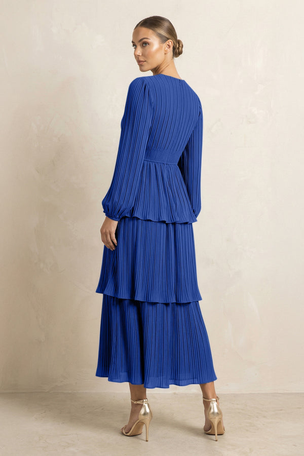 V - Neck Tiered A - Line Chiffon Midi Bridesmaid Dress in Royal Blue - SHE IS ME Bridesmaid Dresses