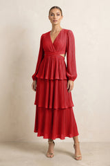 V - Neck Tiered A - Line Chiffon Midi Bridesmaid Dress in Ruby Red - KISS BRIDAL Bridesmaid Dresses