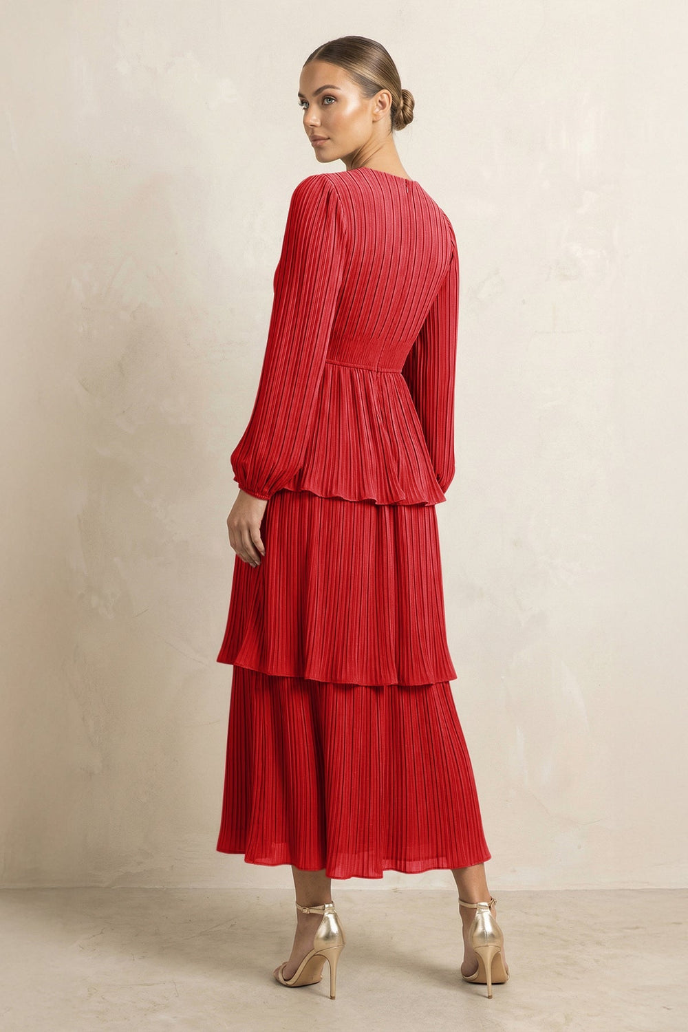 V - Neck Tiered A - Line Chiffon Midi Bridesmaid Dress in Ruby Red - KISS BRIDAL Bridesmaid Dresses
