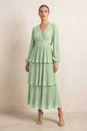 V - Neck Tiered A - Line Chiffon Midi Bridesmaid Dress in Sage - SHE IS ME Bridesmaid Dresses