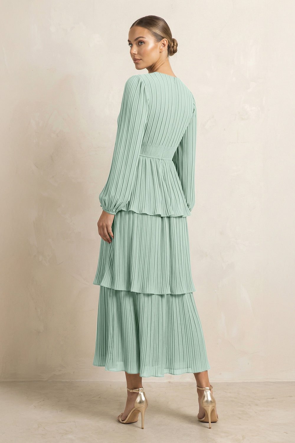 V-Neck Tiered A-Line Chiffon Midi Bridesmaid Dress in Sage
