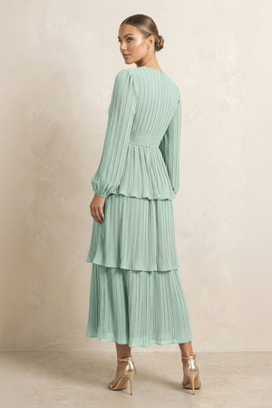 V-Neck Tiered A-Line Chiffon Midi Bridesmaid Dress in Sage (2) | KISSBRIDAL