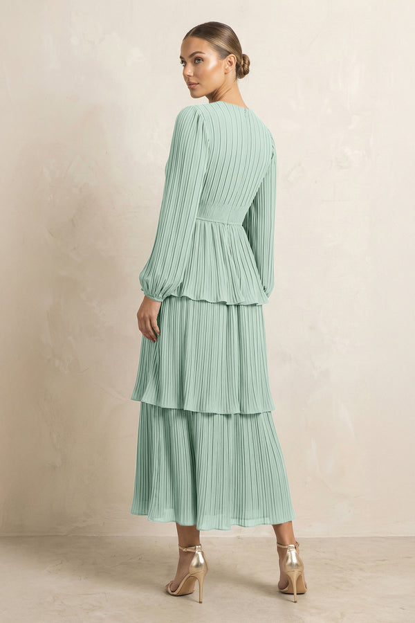 V-Neck Tiered A-Line Chiffon Midi Bridesmaid Dress in Sage (2) | KISSBRIDAL